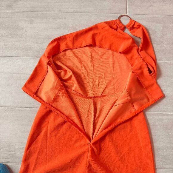 One-Shoulder Jumpsuit Pants Romper Sleeveless Orange Medium Disco Party Hippie - Picture 8 of 8